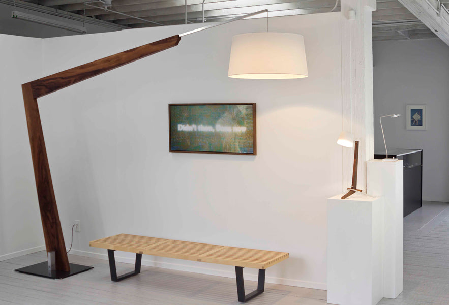 Valeo Floor Lamp by Cerno, showing valeo floor lamp with bench in live shot.