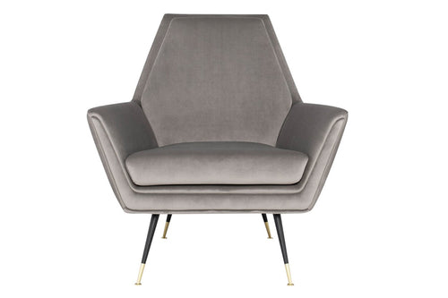 Vanessa Occasional Chair by Nuevo, showing front view of smoke grey velour seat occasional chair.