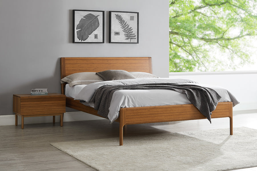 Ventura Amber Nightstand by Greenington, showing ventura amber nightstand with bed in live shot.