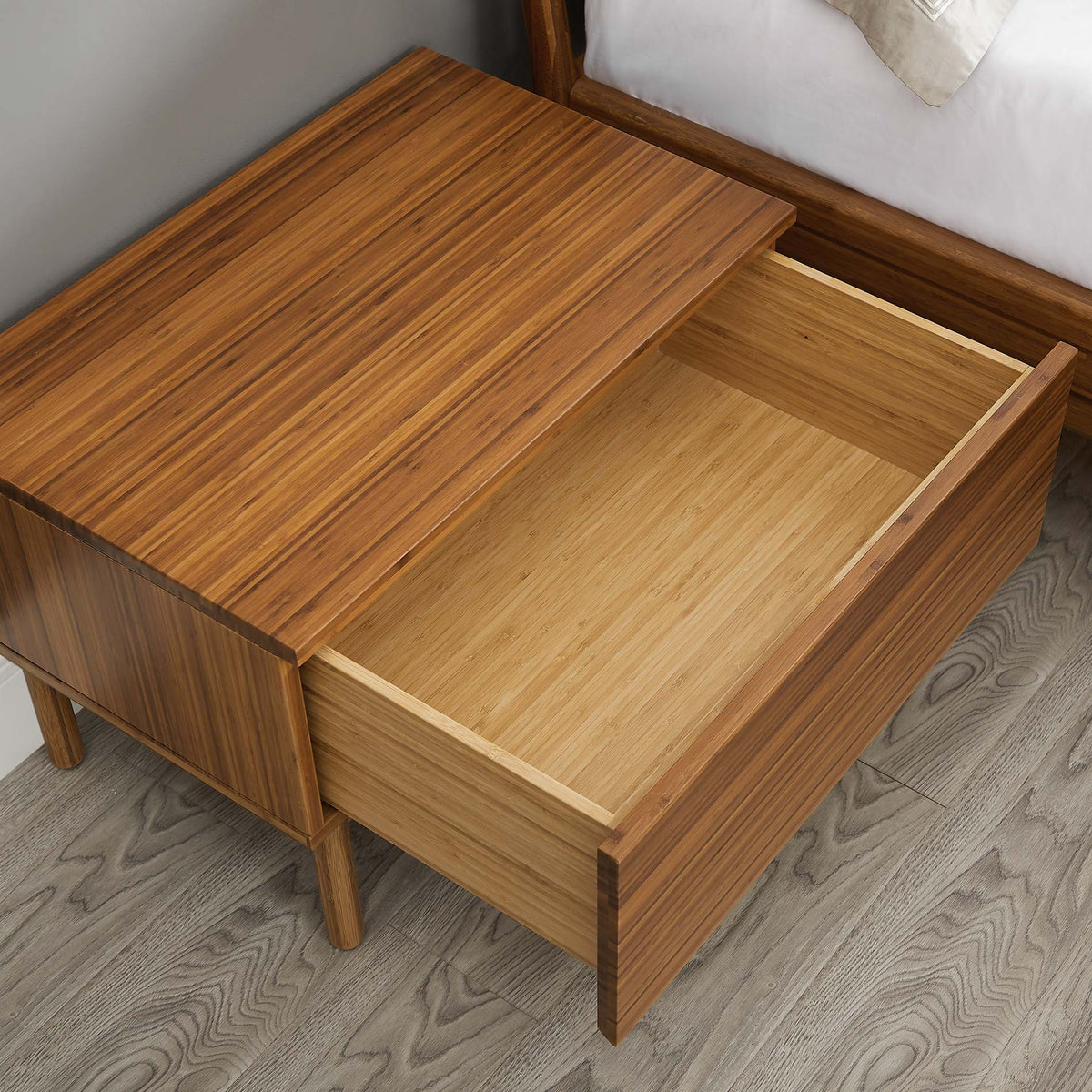 Ventura Amber Nightstand by Greenington, showing top view of ventura amber nightstand in live shot.