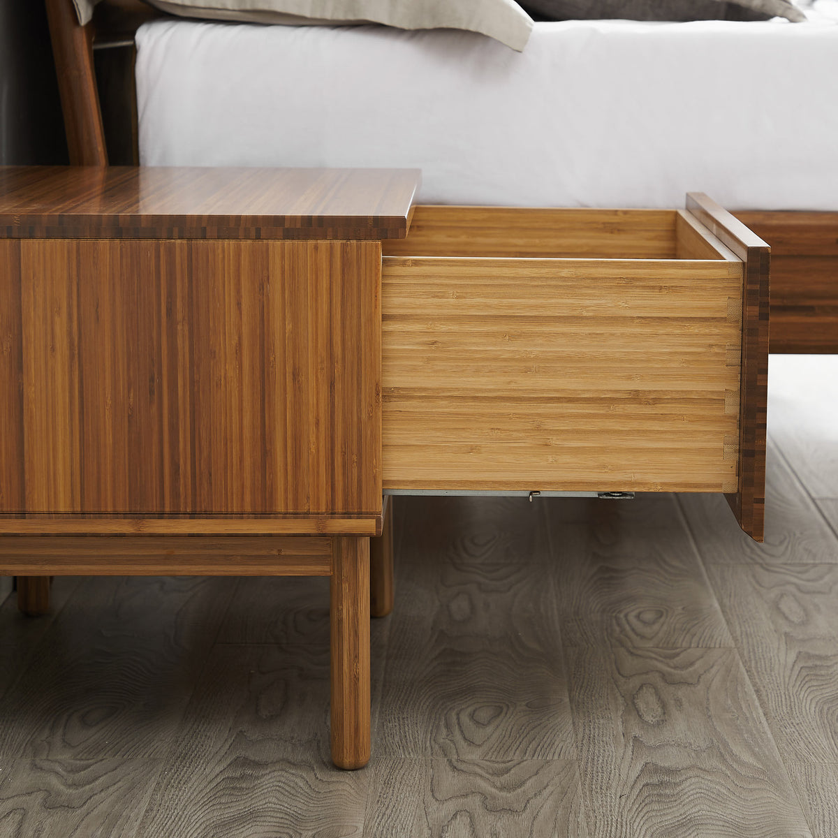 Ventura Amber Nightstand by Greenington, showing closeup view of ventura amber nightstand in live shot.