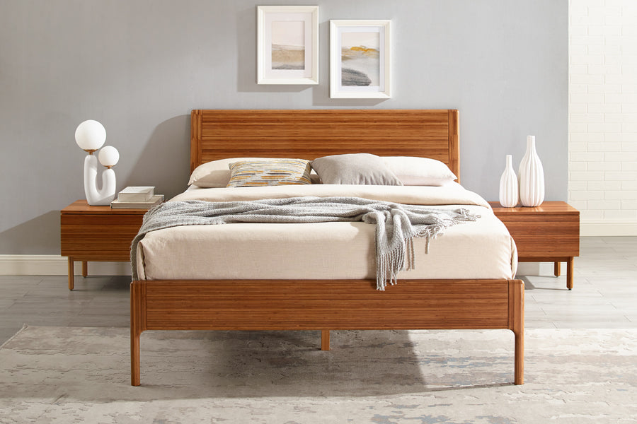 Ventura Amber Nightstand by Greenington, showing ventura amber nightstands with bed in live shot.