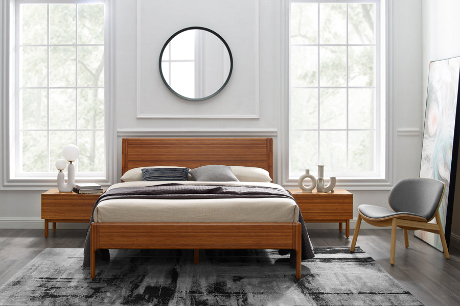 Ventura Amber Nightstand by Greenington, showing ventura amber nightstands with bed & chair in live shot.