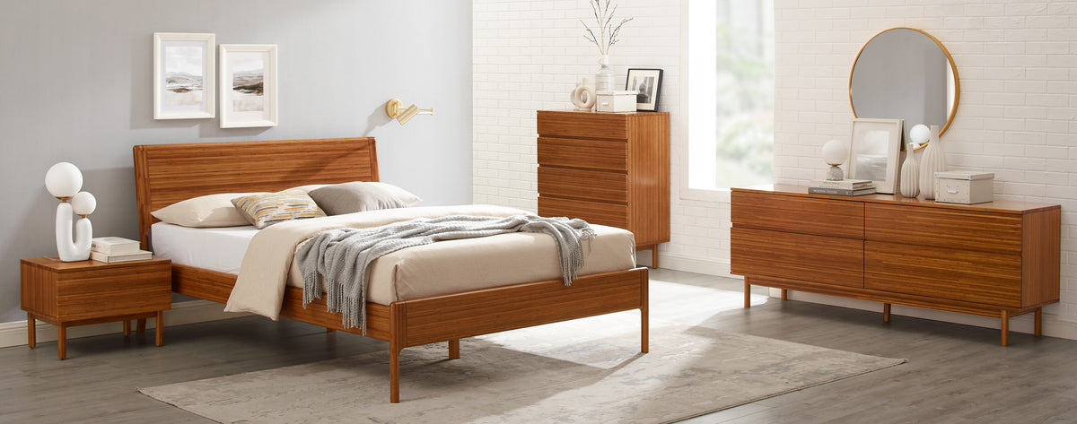 Ventura Amber 4 Drawer Double Dresser by Greenington, showing ventura amber 4 drawer double dresser with nightstand, bed & high chest in live shot.