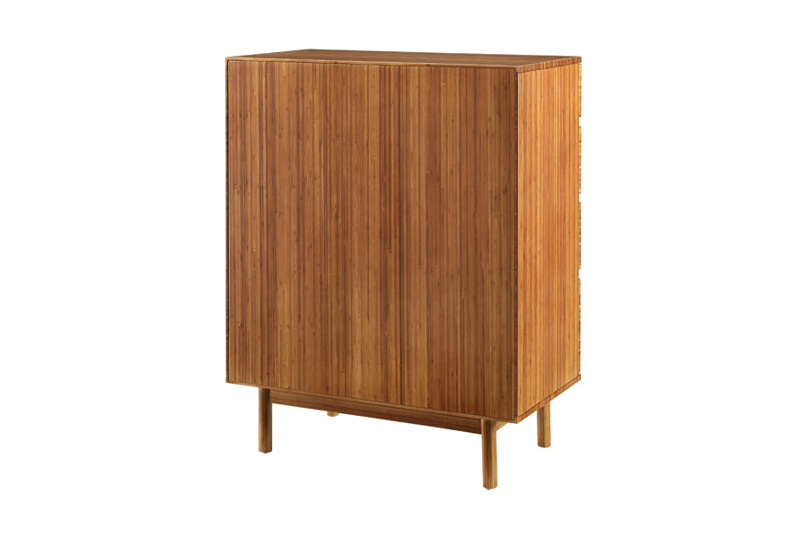 Ventura Amber 4 Drawer High Chest by Greenington, showing back view of ventura amber 4 drawer high chest in amber wood.