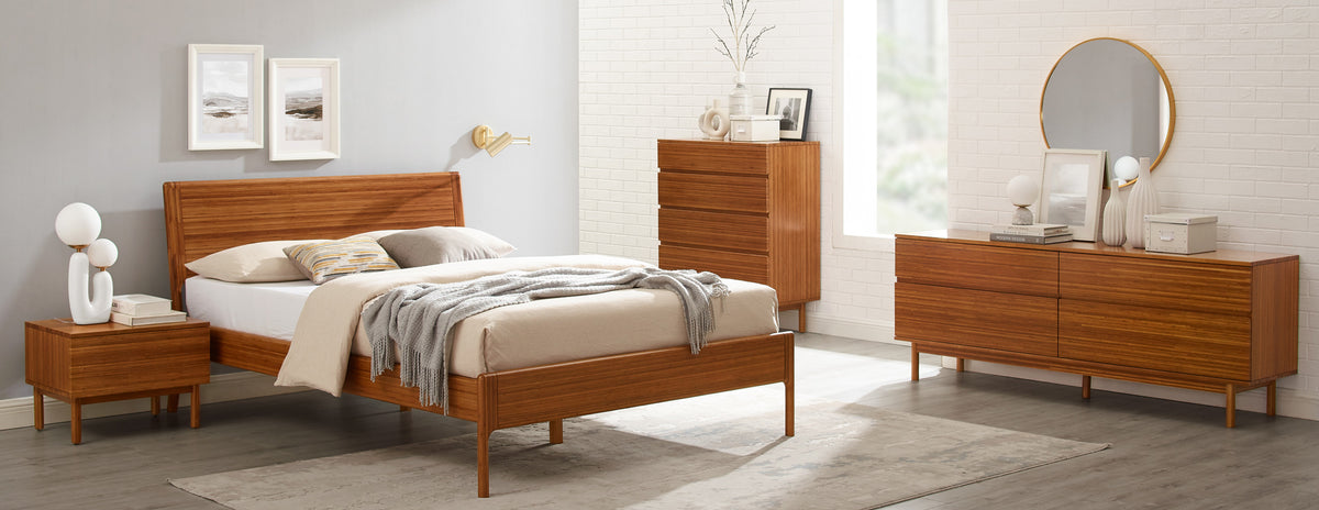 Ventura Amber 4 Drawer High Chest by Greenington, showing ventura amber 4 drawer high chest with bed, dresser & nighstand in live shot.