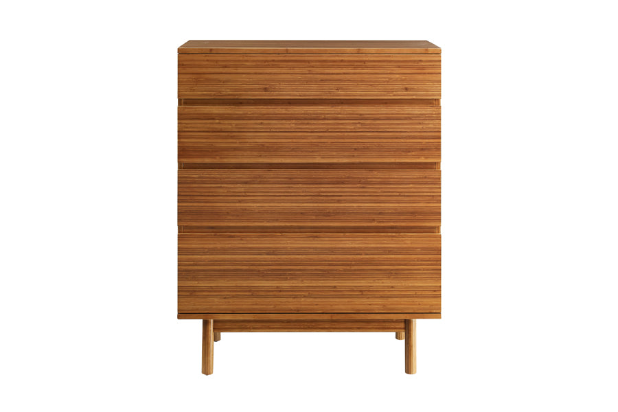 Ventura Amber 4 Drawer High Chest by Greenington, showing front view of ventura amber 4 drawer high chest in amber wood.