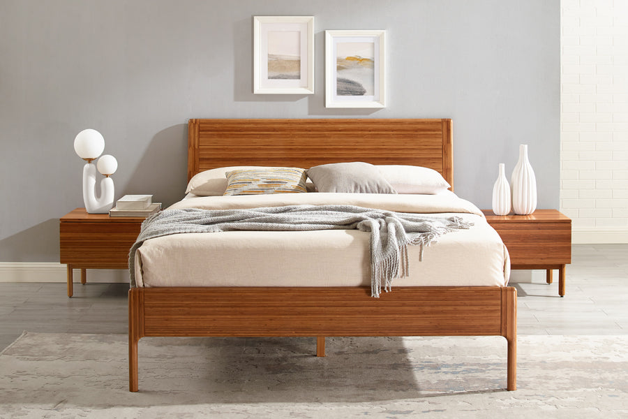 Ventura Amber Platform Bed by Greenington, showing ventura amber platform bed with nighstands in live shot.