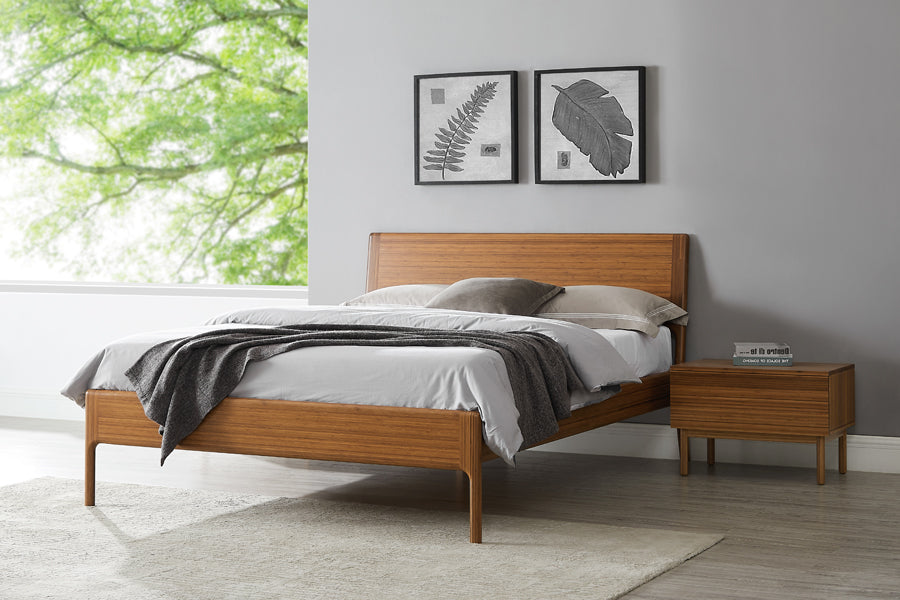 Ventura Amber Platform Bed by Greenington, showing ventura amber platform bed with nighstand in live shot.