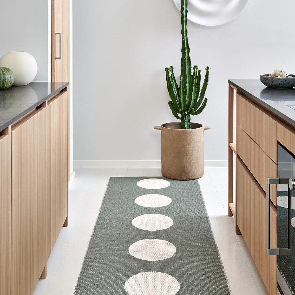 Vera Army & Vanilla Runner Rug by Pappelina, showing of vera army & vanilla runner rug in live shot.