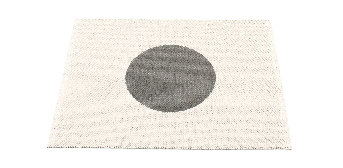 Vera Small One Rug by Pappelina, showing back view of vera small one charcoal & vanilla rug.
