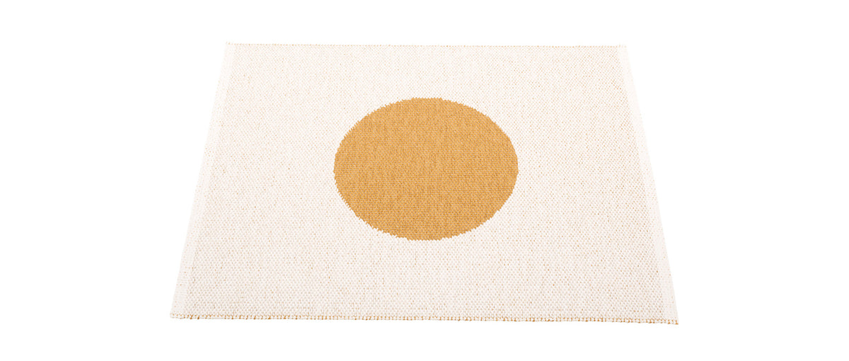 Vera Small One Rug by Pappelina, showing back view of vera small one ochre & vanilla rug.