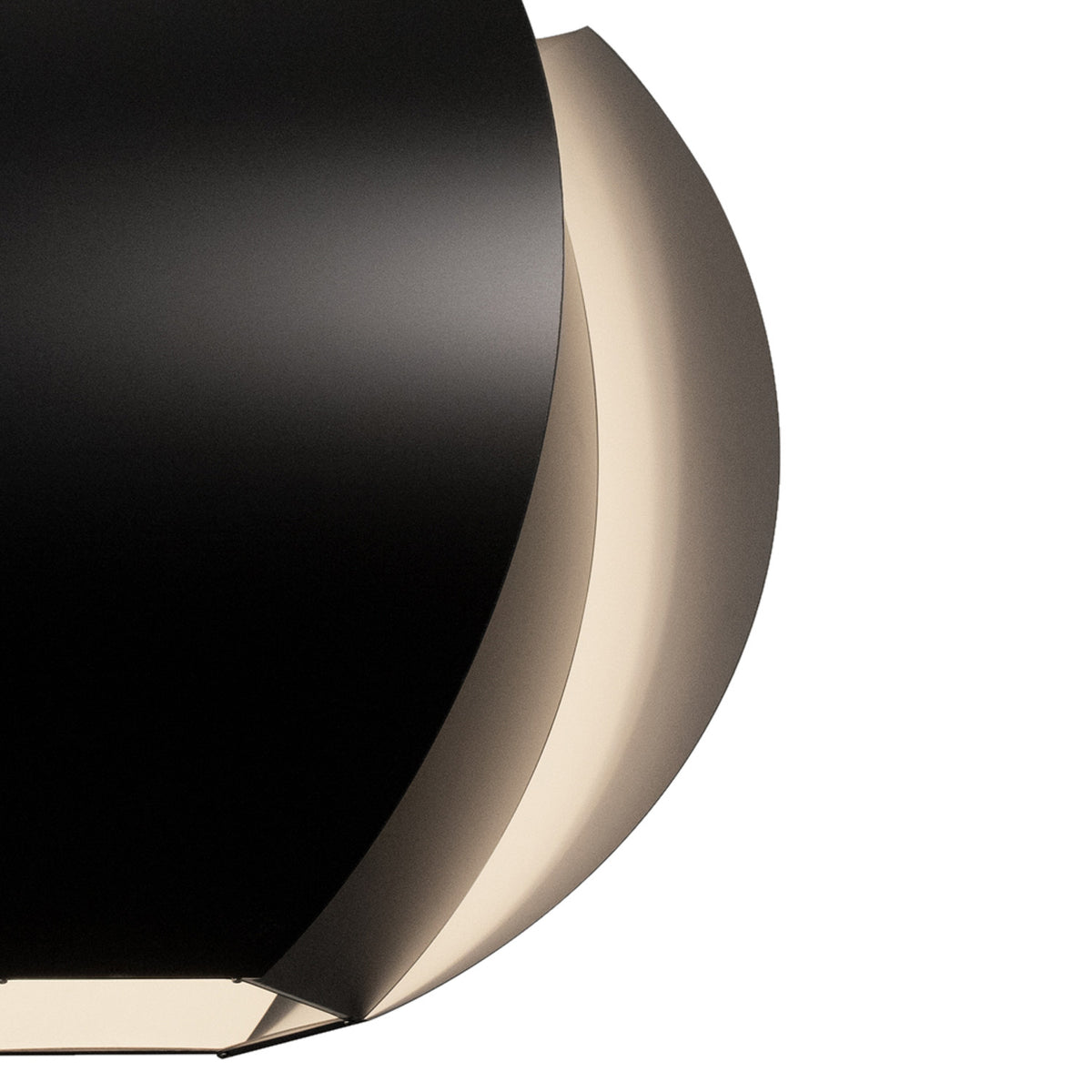Veris LED Pendant by Cerno, showing detail view of veris led pendant in matte black/white interior shade.