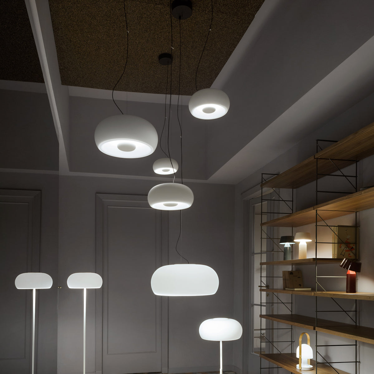 Vetra LED Dimmable Pendant by Marset, showing vetra led dimmable pendants in live shot.