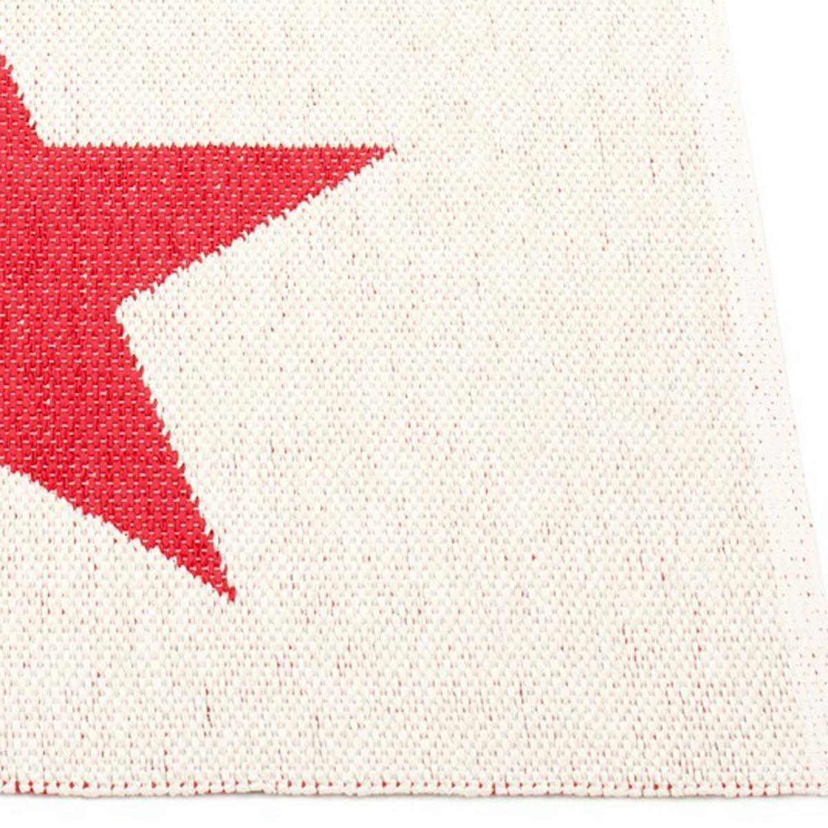 Viggo One Red & Vanilla Runner Rug by Pappelina, showing closeup view of viggo one red & vanilla runner rug.