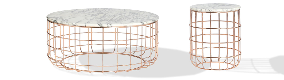 Violetta Marble Coffee Table by SohoConcept, showing marble coffee table with marble end table together.