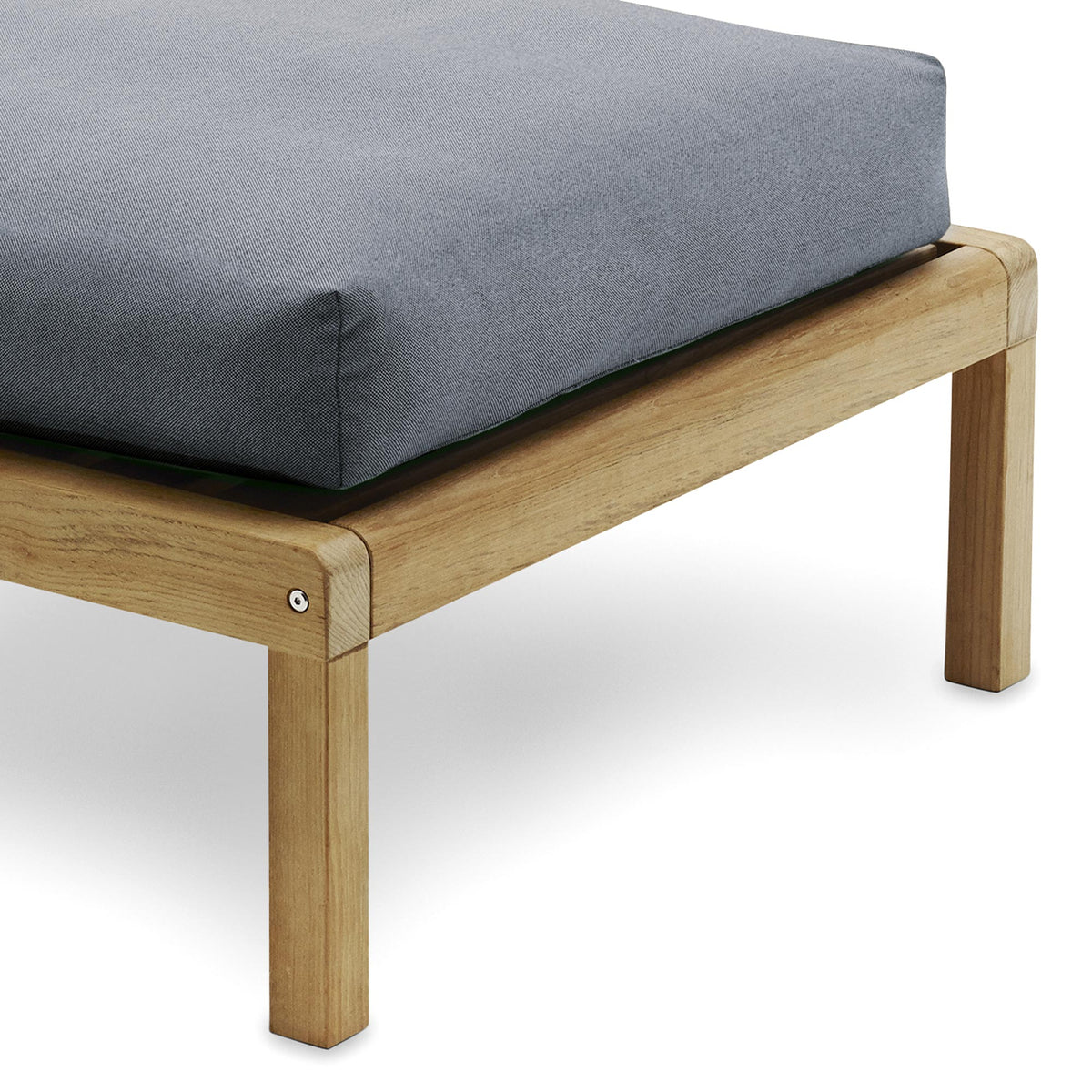Virkelyst Pouf by Skagerak, showing closeup view of virkelyst pouf in ash cushion/teak.