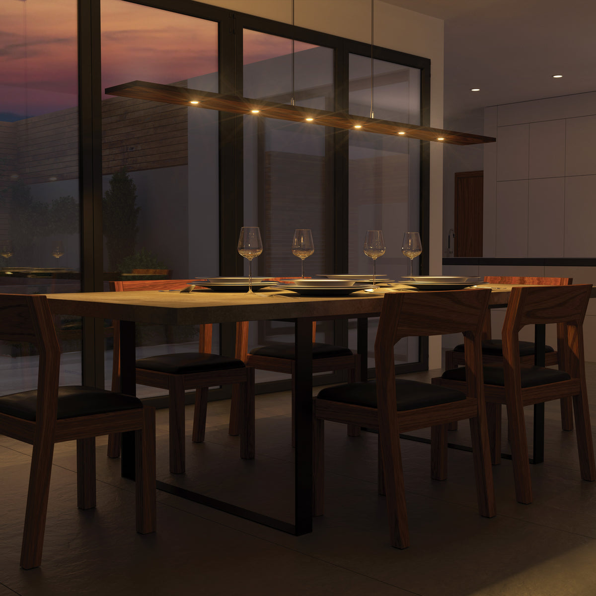 Vix 82" LED Linear Pendant by Cerno, showing vix 82" led linear pendant in live shot.