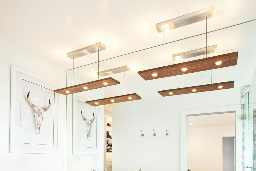 Vix 82" LED Linear Pendant by Cerno, showing vix 82" led linear pendants in live shot.