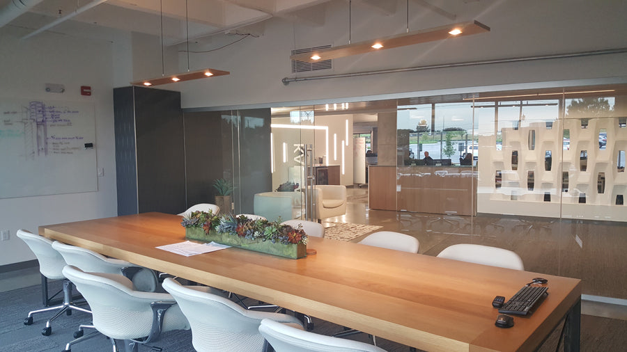 Vix LED Linear Pendant by Cerno, showing vix led linear pendants in live shot.