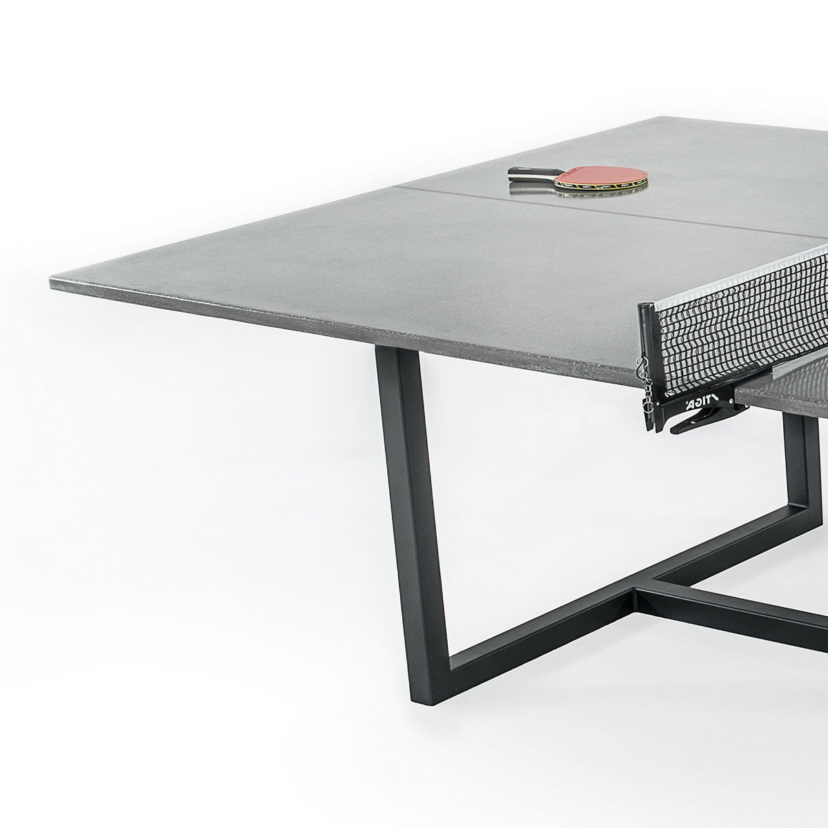 James De Wulf Commercial Vue Ping Pong Table by De Wulf, showing closeup view of Commercial Vue ping pong table in natural tone concrete/ brushed stainless steel.