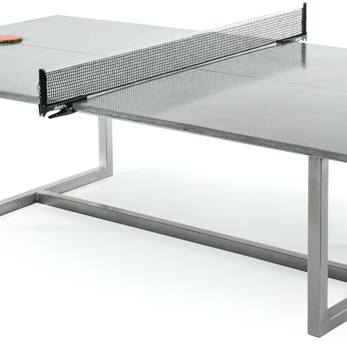 James De Wulf Commercial Vue Ping Pong Table by De Wulf, showing closeup view of Commercial Vue ping pong table in natural tone concrete/ black powder coated steel.
