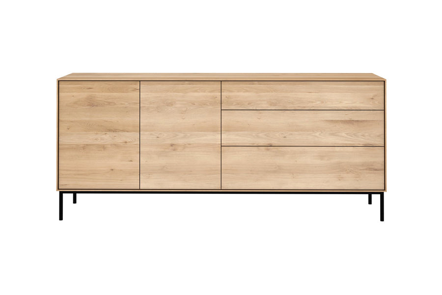 Whitebird Sideboard by Ethnicraft, showing front view of whitebird oak sideboard in oak/2 doors & 3 drawers.