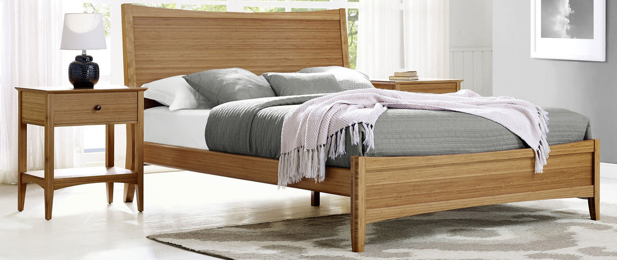 Willow Caramelized Nightstand by Greenington, showing willow caramelized nighstand with willow platform bed in live shot.