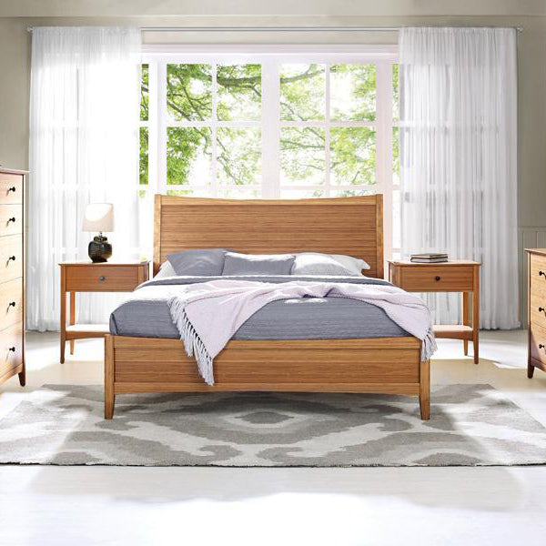 Willow Caramelized Nightstand by Greenington, showing willow caramelized nighstands with willow platform bed in live shot.