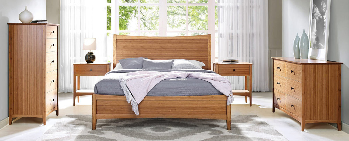 Willow Caramelized Five Drawer Chest by Greenington, showing willow caramelized five drawer chest with nighstands, willow platform bed & six drawer in live shot.