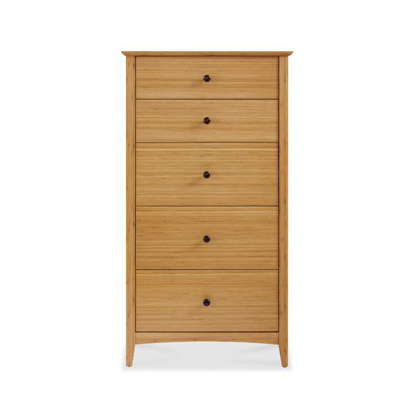 Willow Caramelized Five Drawer Chest by Greenington, showing front view of willow five drawer chest in caramelized wood.