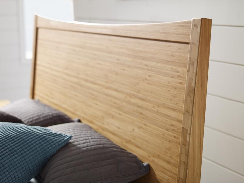 Willow Caramelized Platform Bed by Greenington, showing headboard of willow platform bed in live shot.