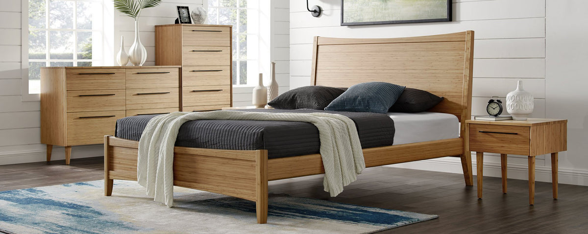 Willow Caramelized Platform Bed by Greenington, showing willow caramelized platform bed with nightstand, five & six Drawers in live shot.