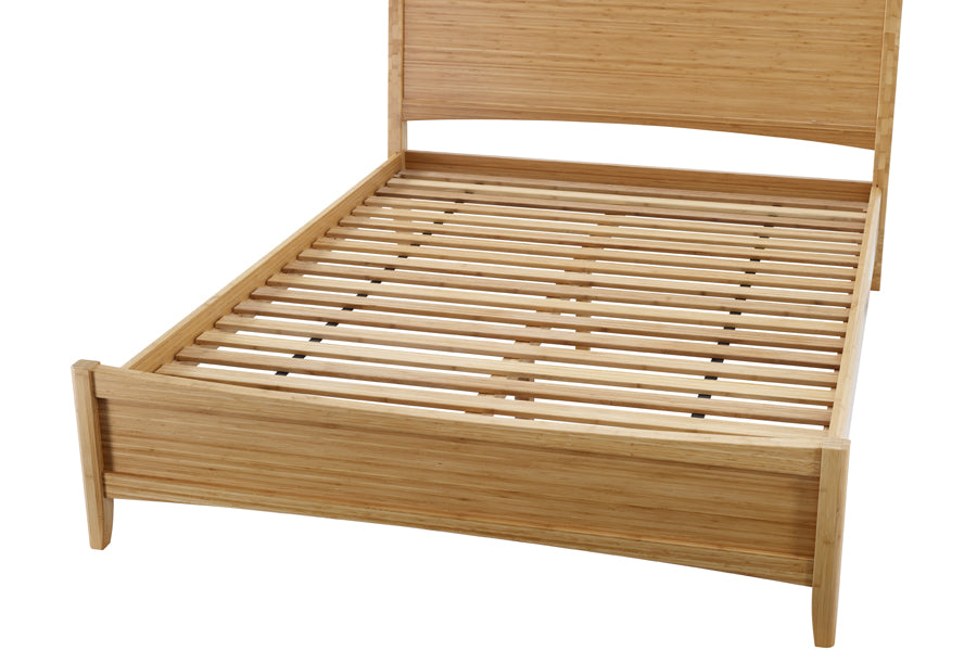 Willow Caramelized Platform Bed by Greenington, showing angle view of willow platform bed(without cushions) in caramelized wood.