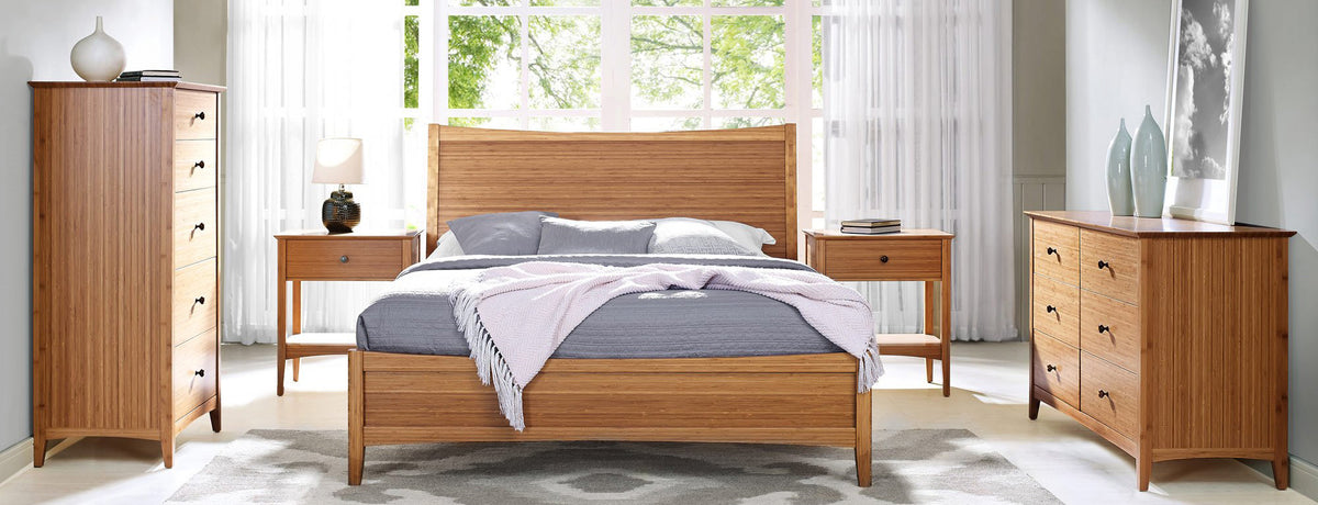 Willow Caramelized Six Drawer Dresser by Greenington, showing willow six drawer dresser with nighstands, five drawer & willow platform bed in live shot.