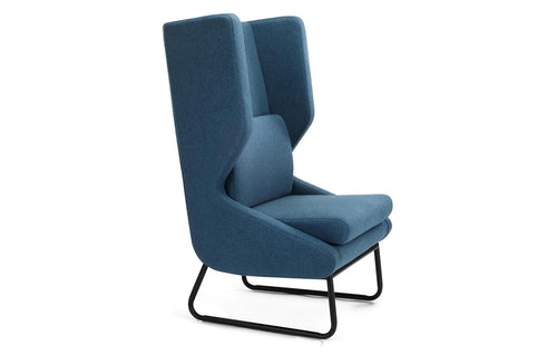 Wing Lounge Chair by m.a.d. - Black Steel Base with Dark Blue Fabric Seat.