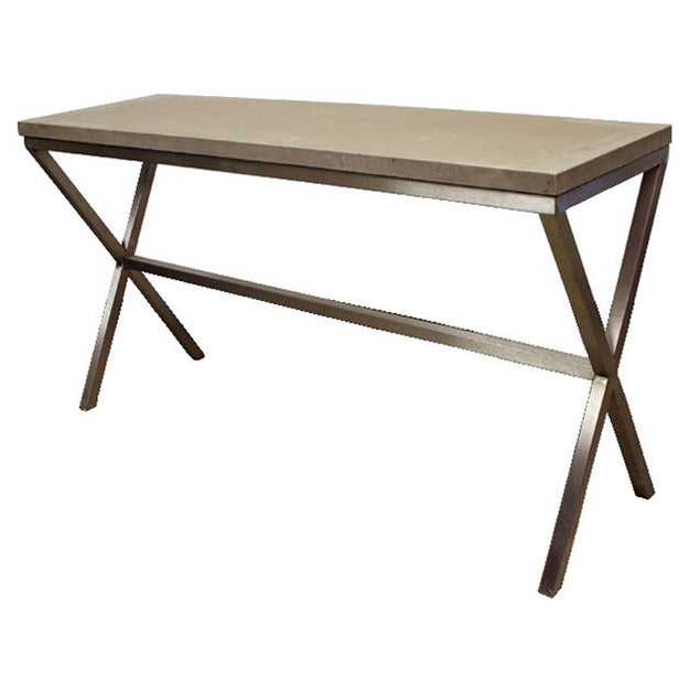 James De Wulf Xavier Console Table by DeWulf, showing angle view of xavier console table in natural tone concrete.