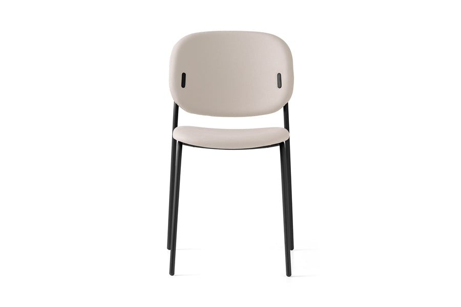 Yo! 4 Legs Tubular Chair by Connubia, showing front view of yo! 4 legs tubular chair in matt black metal frame/sand plain upholstery seat.