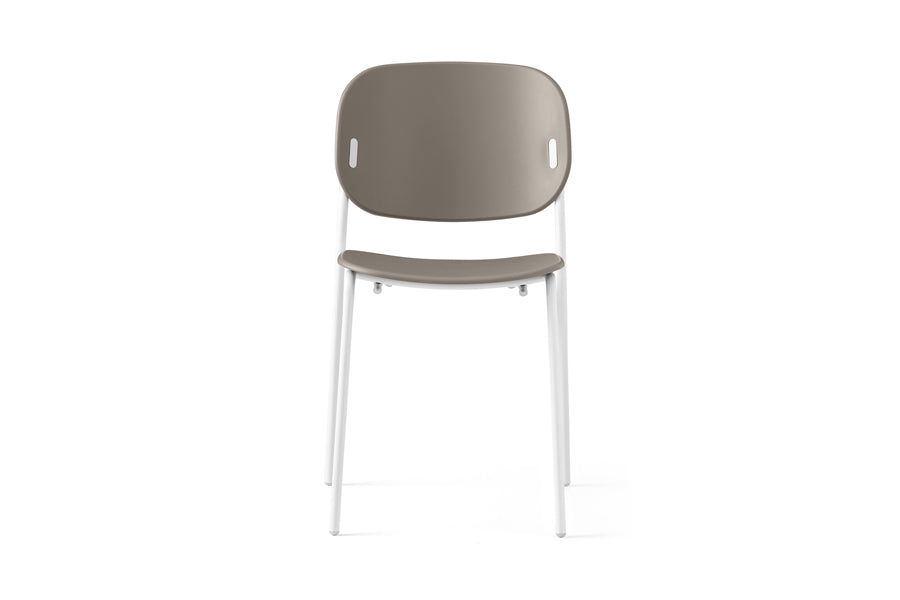 Yo! 4 Legs Tubular Chair by Connubia, showing front view of yo! 4 legs tubular chair in matt optic white metal frame/matt taupe polypropylene seat.