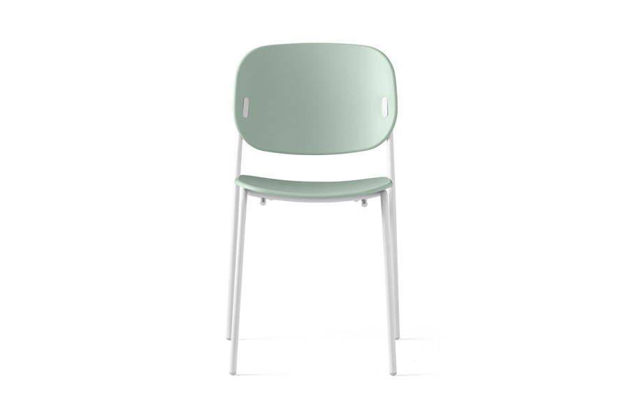 Yo! 4 Legs Tubular Chair by Connubia, showing front view of yo! 4 legs tubular chair in matt optic white metal frame/matt thyme green polypropylene seat.