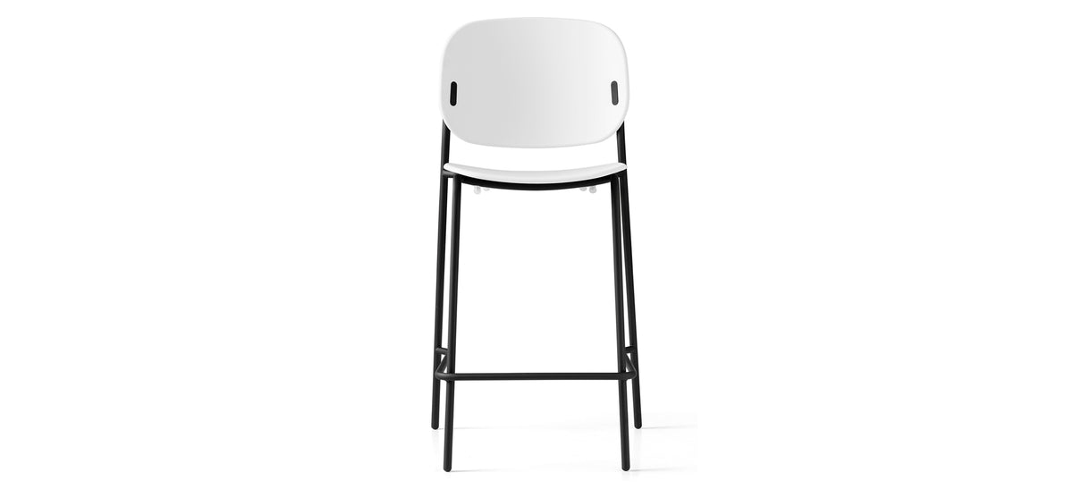 Yo! Counter Stool by Connubia, showing front view of yo! counter stool in matt black metal frame/matt optic white polypropylene seat.