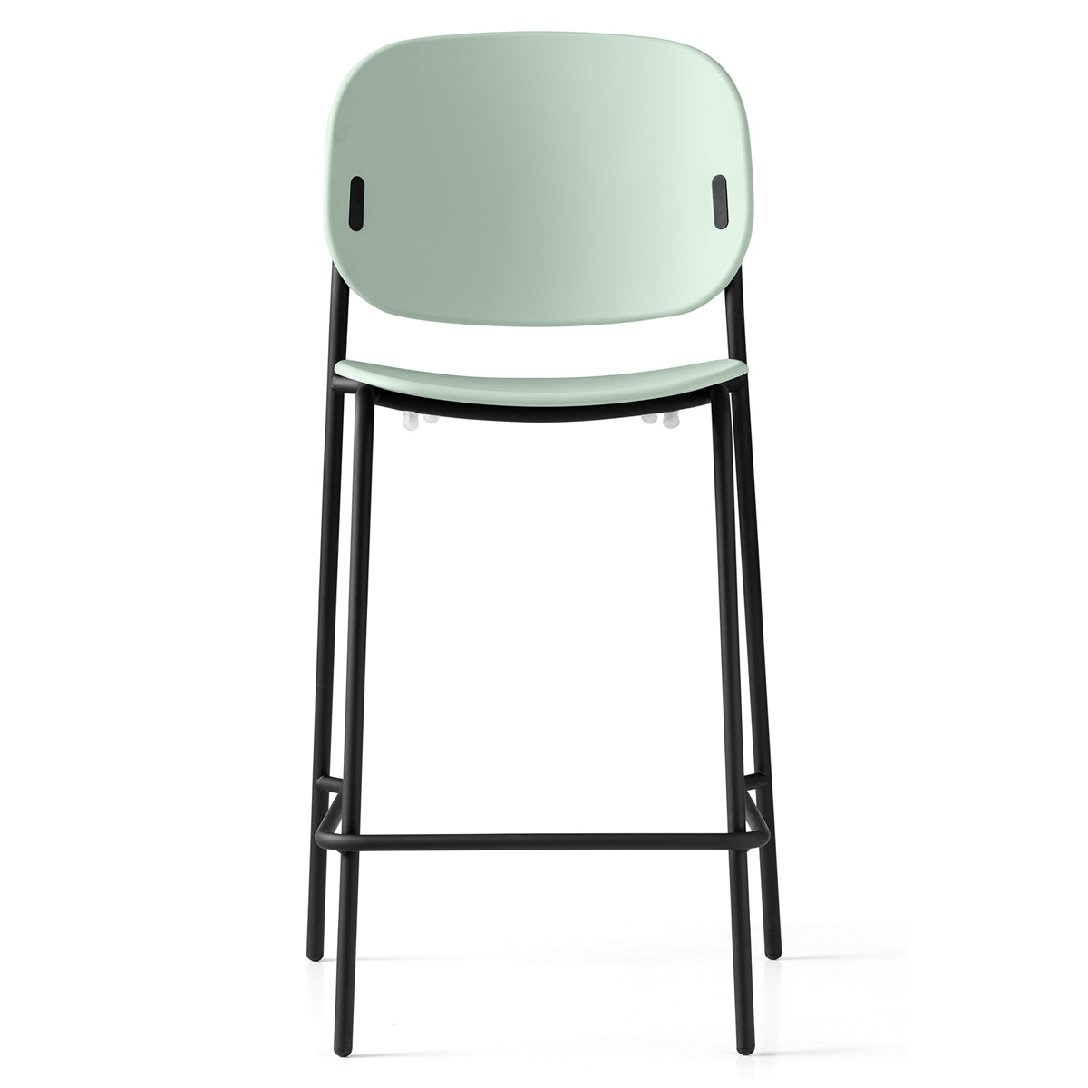 Yo! Counter Stool by Connubia, showing front view of yo! counter stool in matt black metal frame/matt thyme green polypropylene seat.