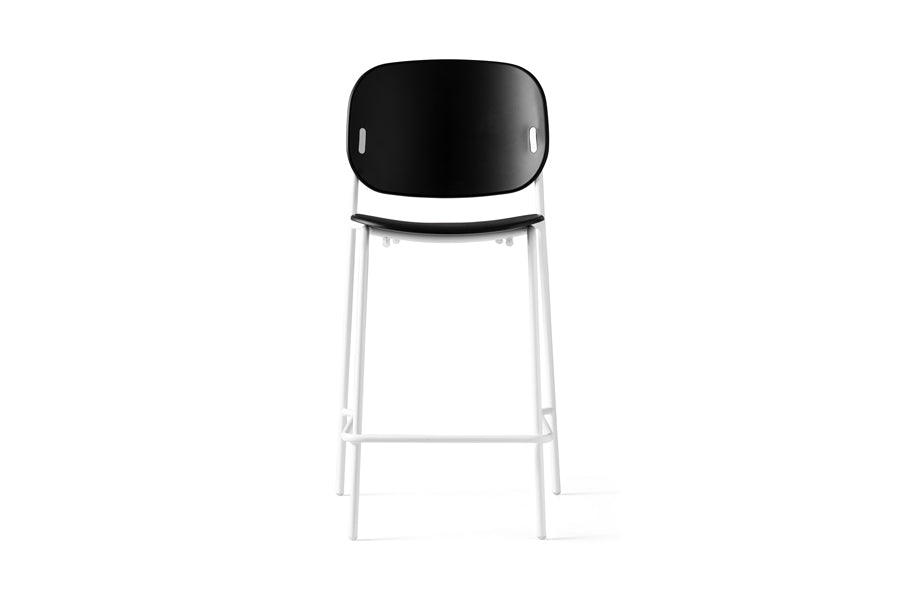 Yo! Counter Stool by Connubia, showing front view of yo! counter stool in matt optic white metal frame/matt black polypropylene seat.