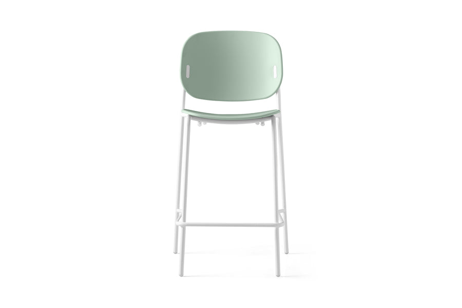 Yo! Counter Stool by Connubia, showing front view of yo! counter stool in matt optic white metal frame/matt thyme green polypropylene seat.