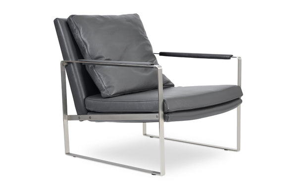 Zara Arm Chair by SohoConcept - Brushed Stainless Steel, Grey Genuine Leather.