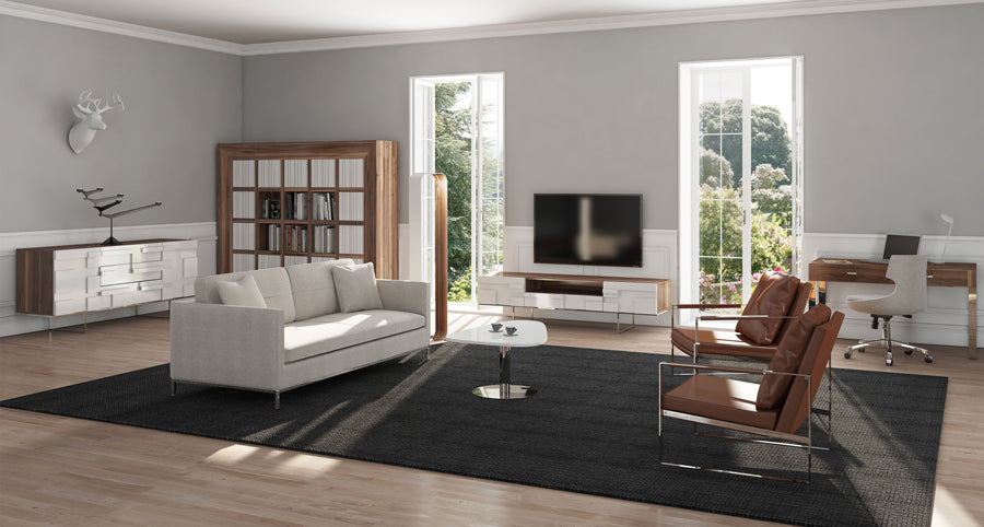 Zara Arm Chair by SohoConcept, showing zara arm chairs with table and sofa in live shot.