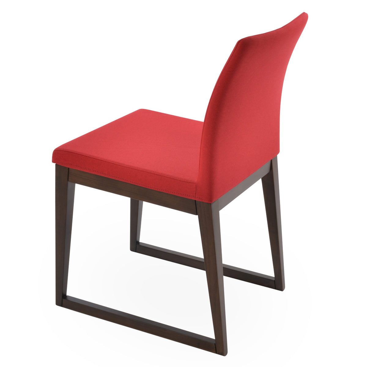 Zeyno Sled Wood Chair by sohoConcept, showing back view in camira era red fabric with walnut finish base.