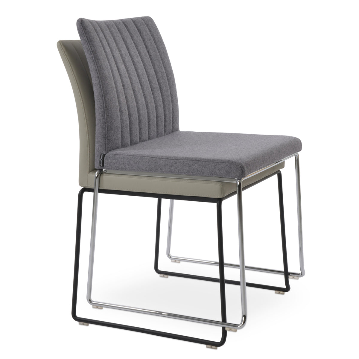 Zeyno Wire Stackable Chair by sohoConcept, showing two chairs in camira blazer medium grey wool with chrome and light grey leatherette with black powder bases.