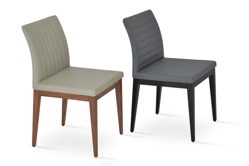 Zeyno Wood Dining Chair by SohoConcept, showing two chairs of light grey & grey leatherette with walnut & wenge base finishes.